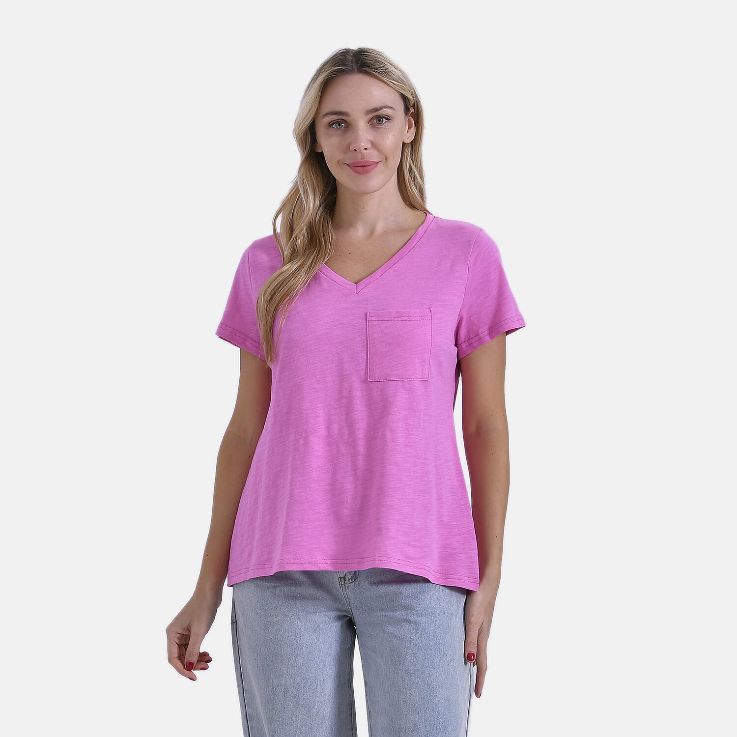 La Marey 100% Cotton Short Sleeve V-Neck Casual Top (Size XXL) - Pink