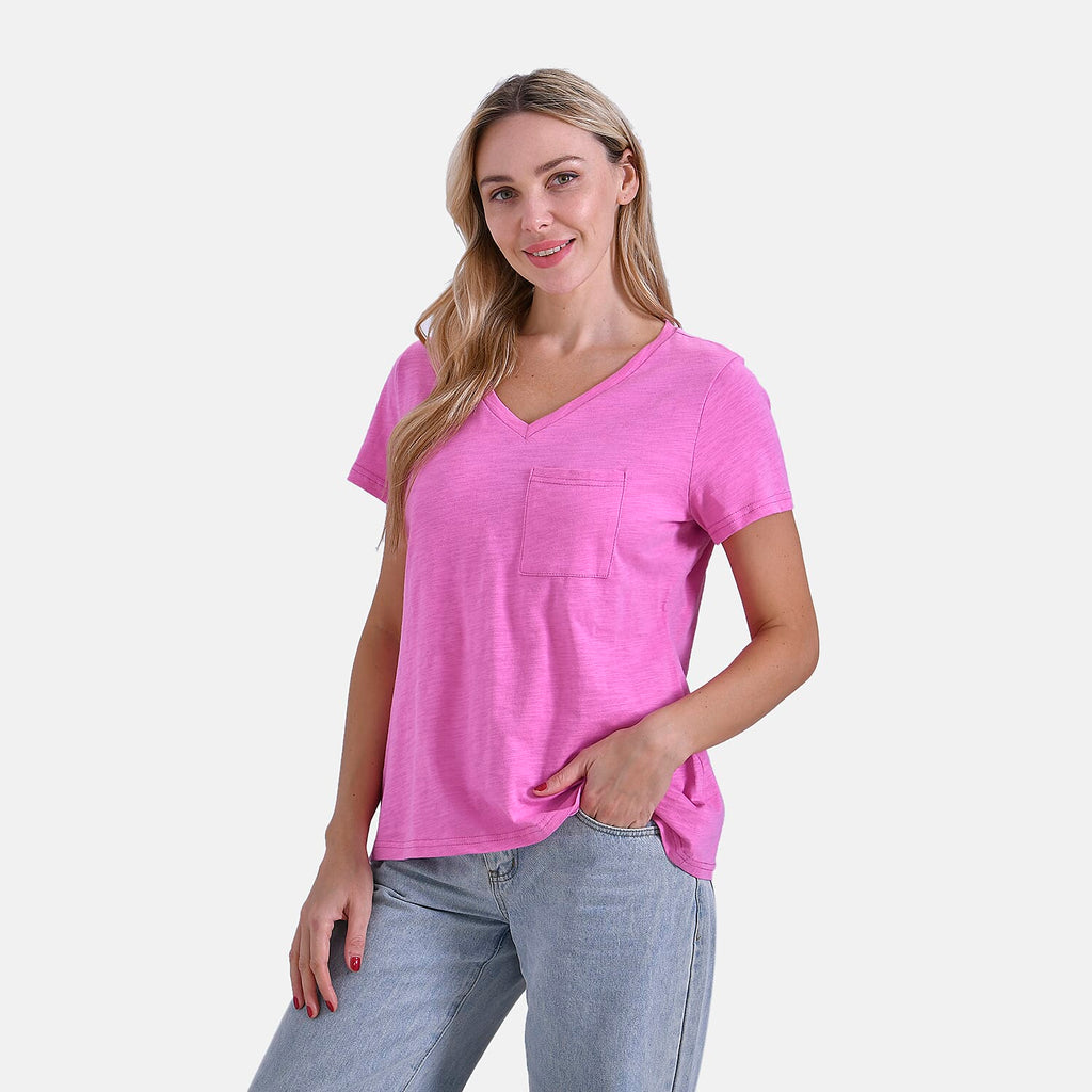 La Marey 100% Cotton Short Sleeve V-Neck Casual Top (Size XXL) - Pink
