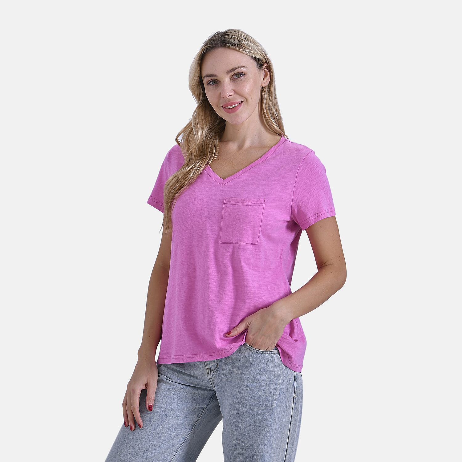 La Marey 100% Cotton Short Sleeve V-Neck Casual Top (Size XXL) - Pink