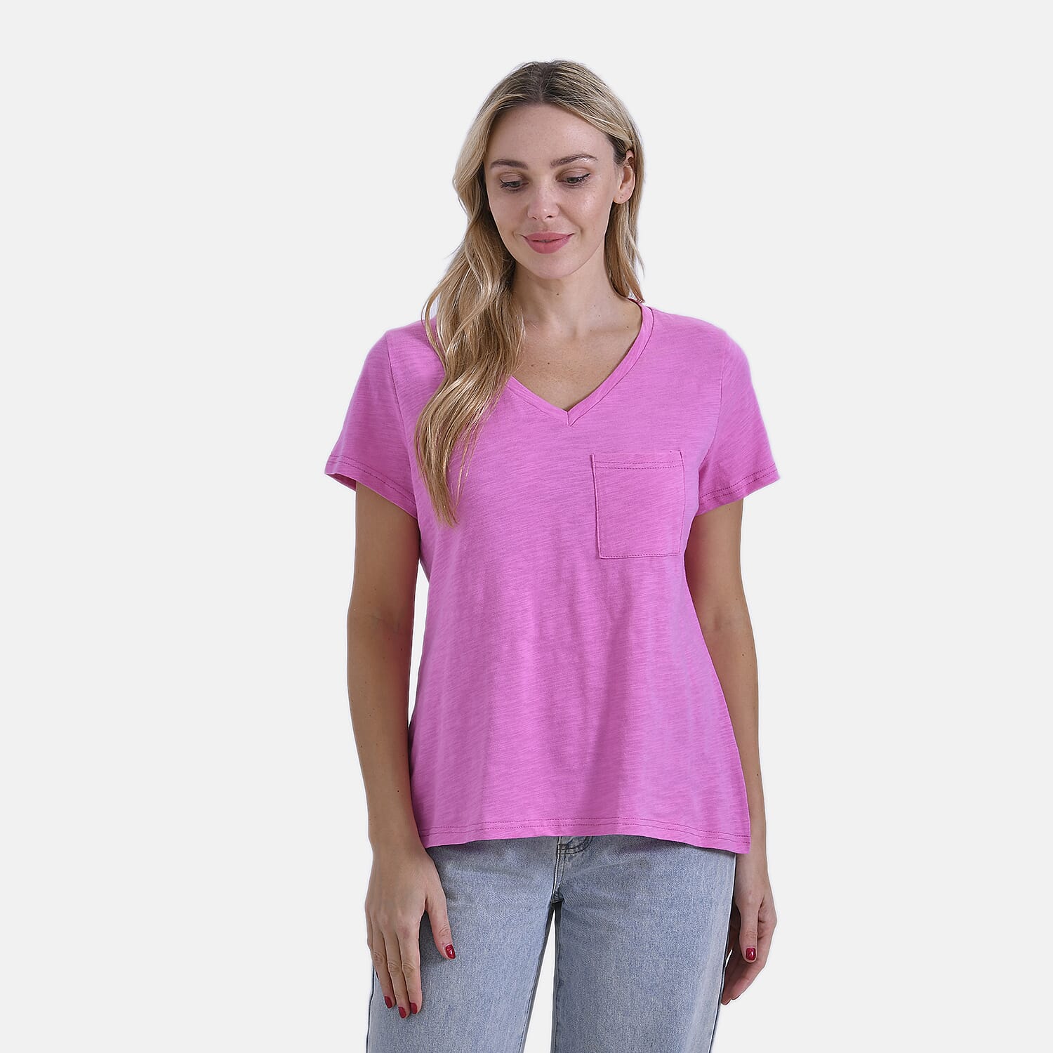 La Marey 100% Cotton Short Sleeve V-Neck Casual Top (Size XXL) - Pink