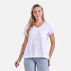 La Marey 100% Cotton Short Sleeve V-Neck Top with Pocket (Size S) - White