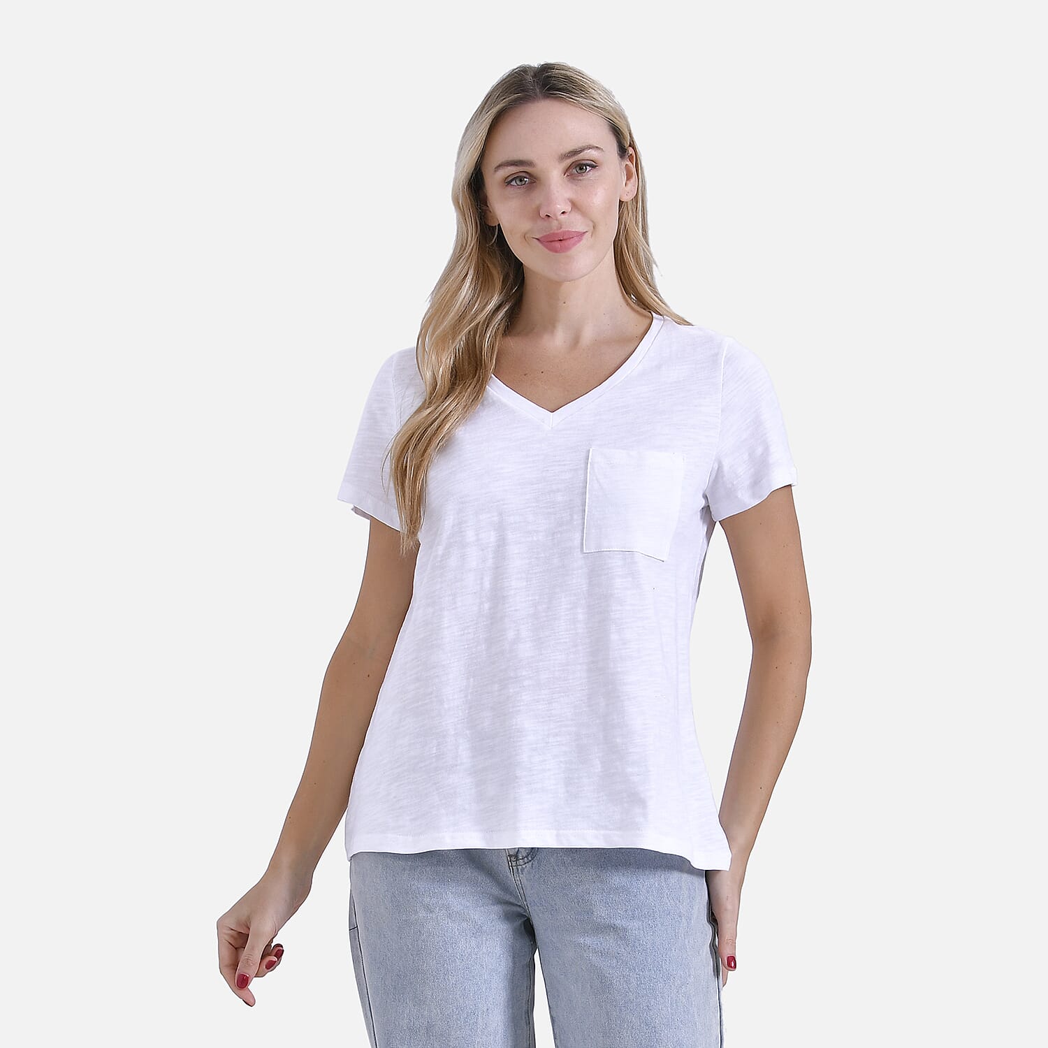 La Marey 100% Cotton Short Sleeve V-Neck Top with Pocket (Size S) - White