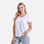 La Marey 100% Cotton Short Sleeve V-Neck Top with Pocket (Size S) - White