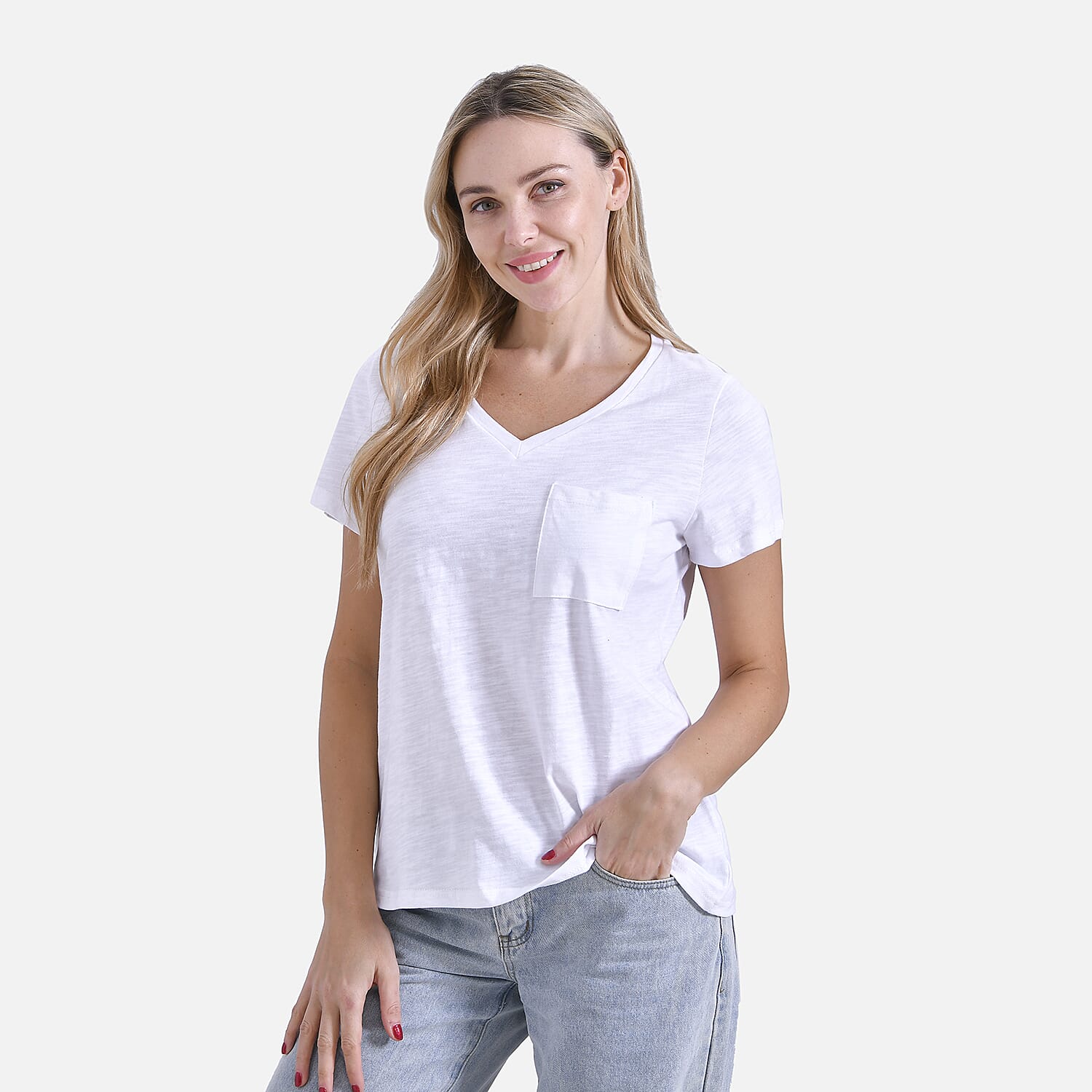 La Marey 100% Cotton Short Sleeve V-Neck Top with Pocket (Size S) - White