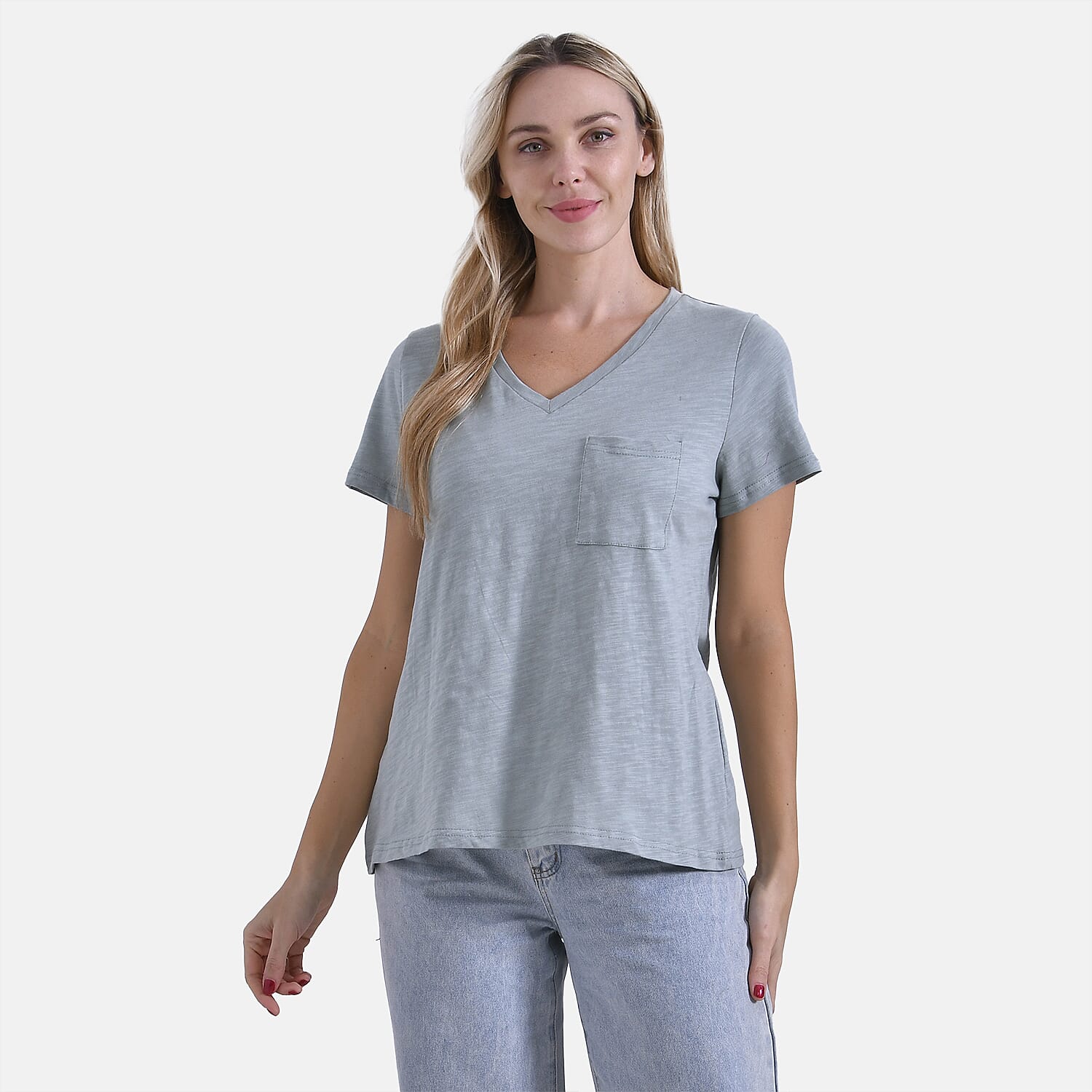 La Marey 100% Cotton Short Sleeve V-Neck Top with Pocket (Size XXL) - Green