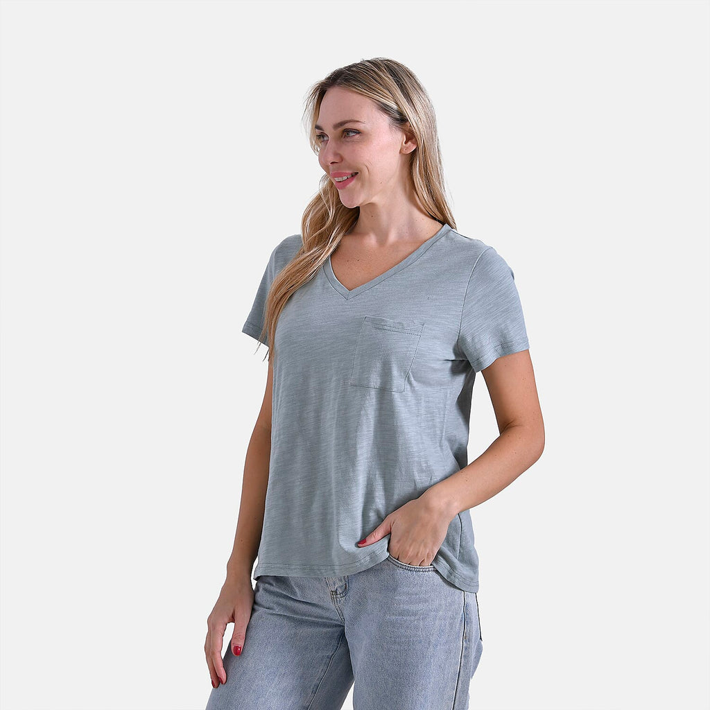 La Marey 100% Cotton Short Sleeve V-Neck Top with Pocket (Size XXL) - Green