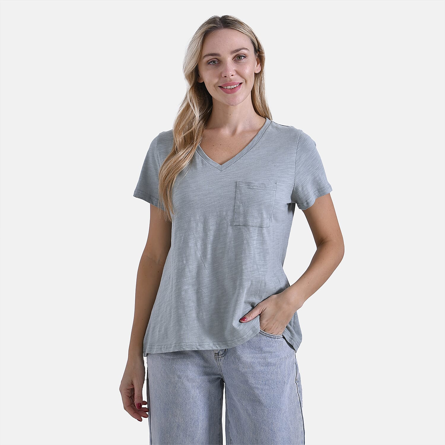 La Marey 100% Cotton Short Sleeve V-Neck Top with Pocket (Size XXL) - Green