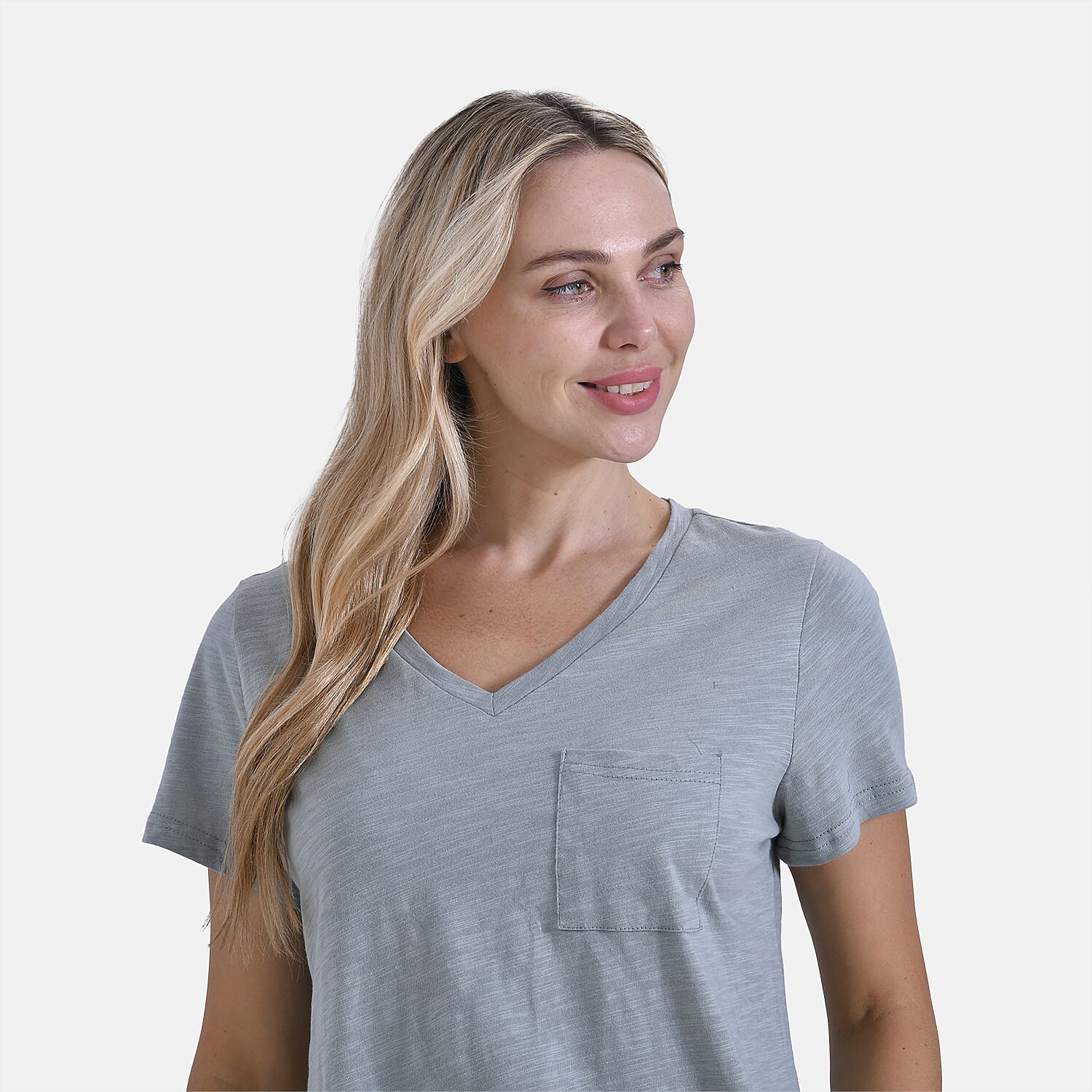La Marey 100% Cotton Short Sleeve V-Neck Top with Pocket (Size XXL) - Green