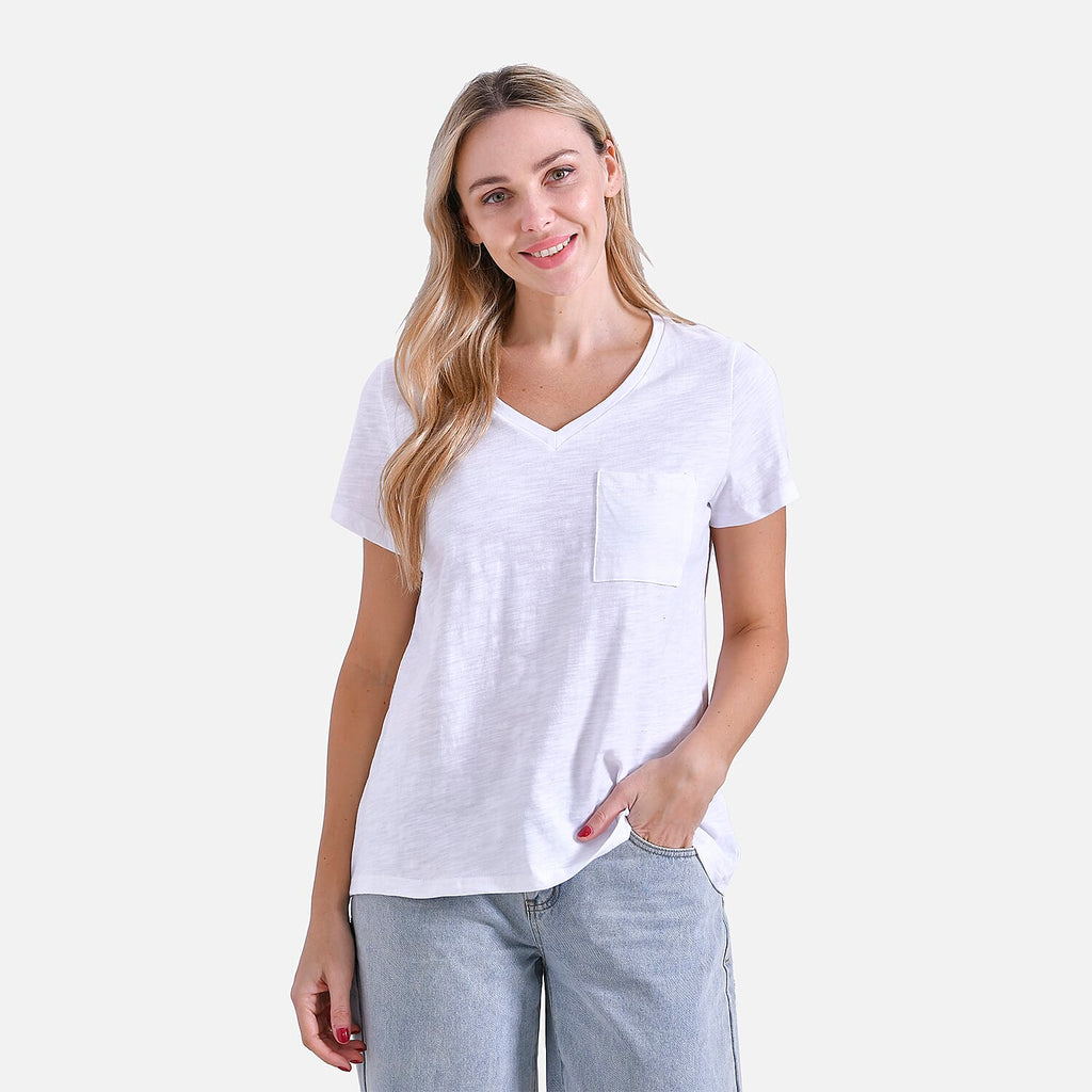 La Marey 100% Cotton Short Sleeve V-Neck Top with Pocket (Size XXL) - White