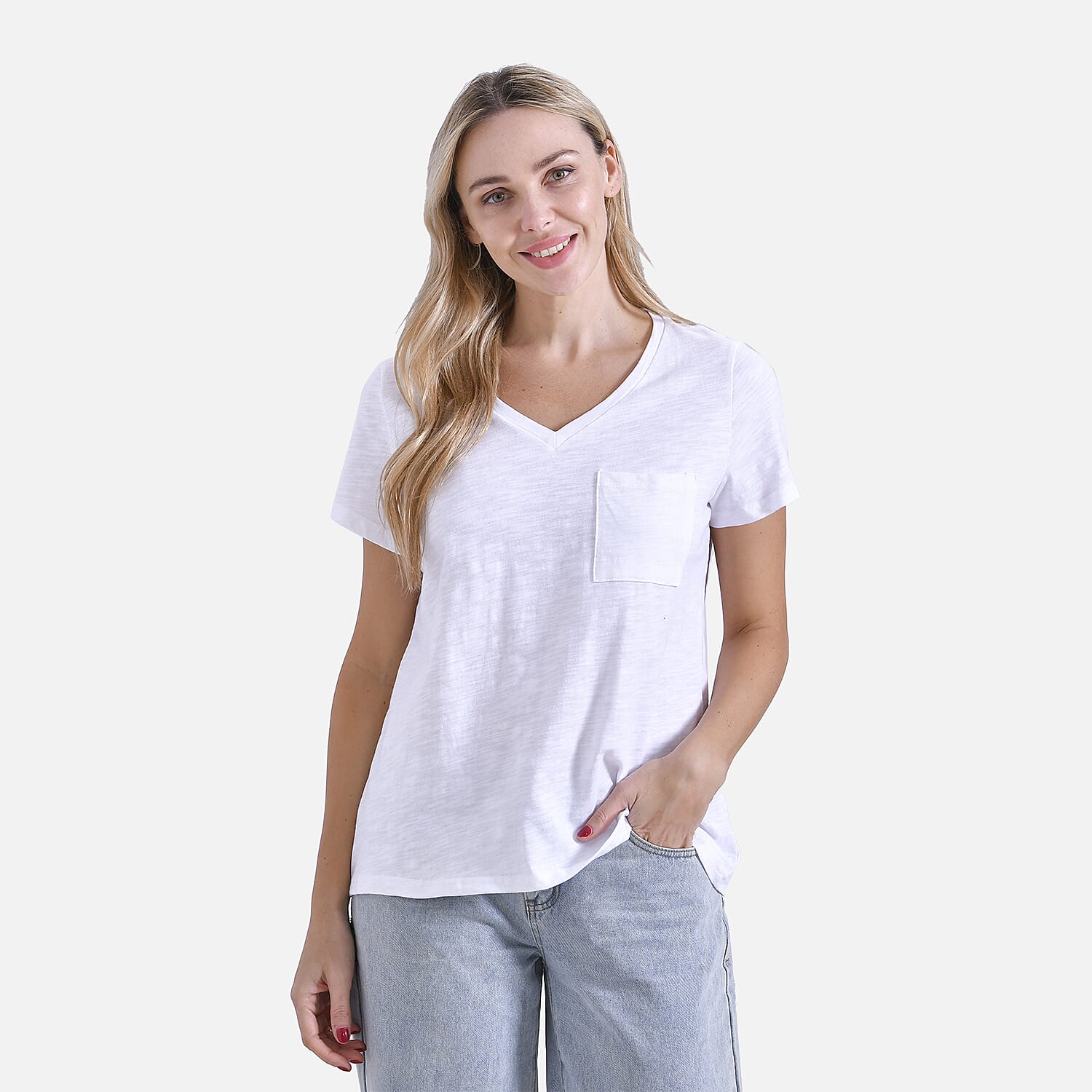 La Marey 100% Cotton Short Sleeve V-Neck Top with Pocket (Size XXL) - White