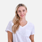 La Marey 100% Cotton Short Sleeve V-Neck Top with Pocket (Size XXL) - White