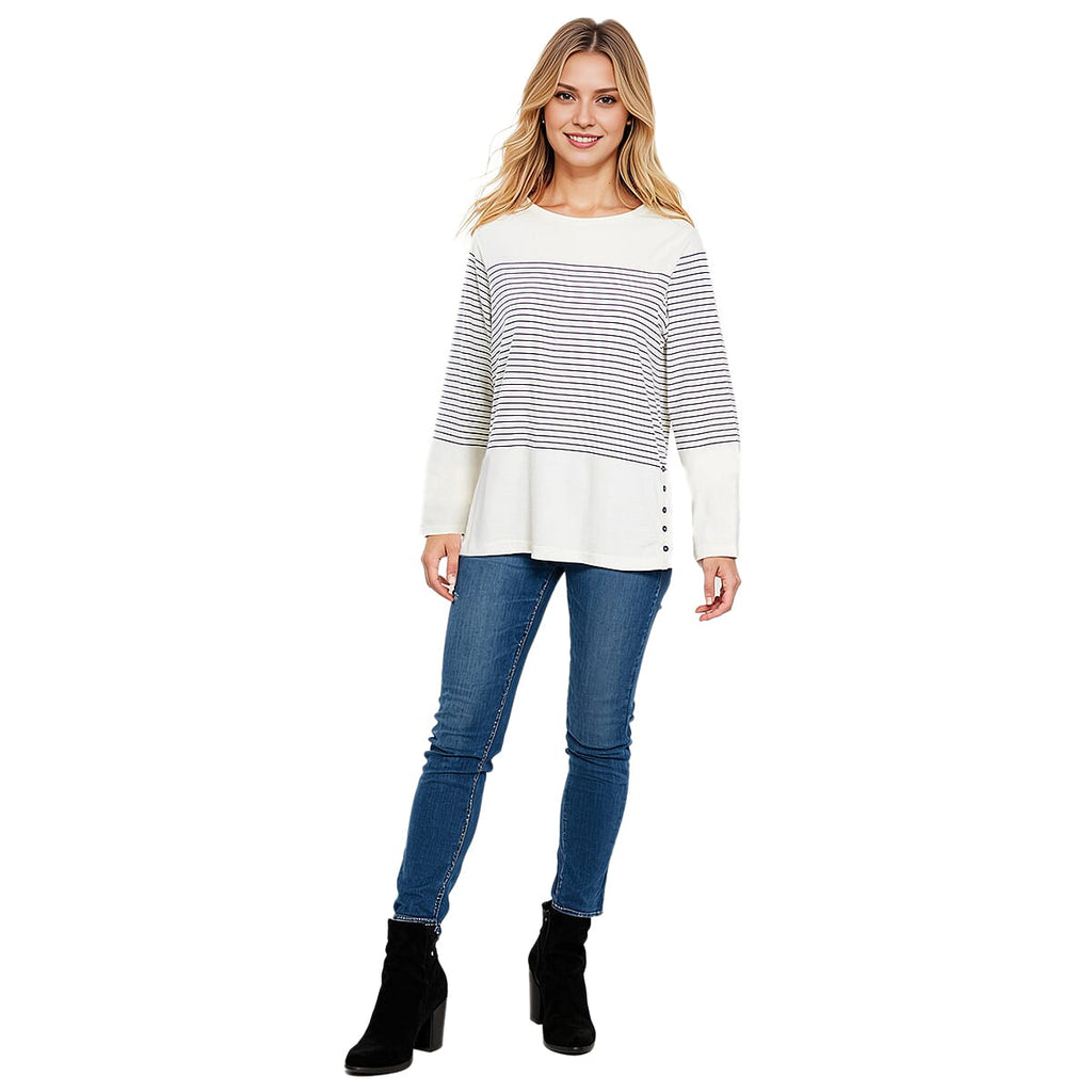La Marey 100% Cotton Striped Pattern Long Sleeve Top (Size 16) - Navy