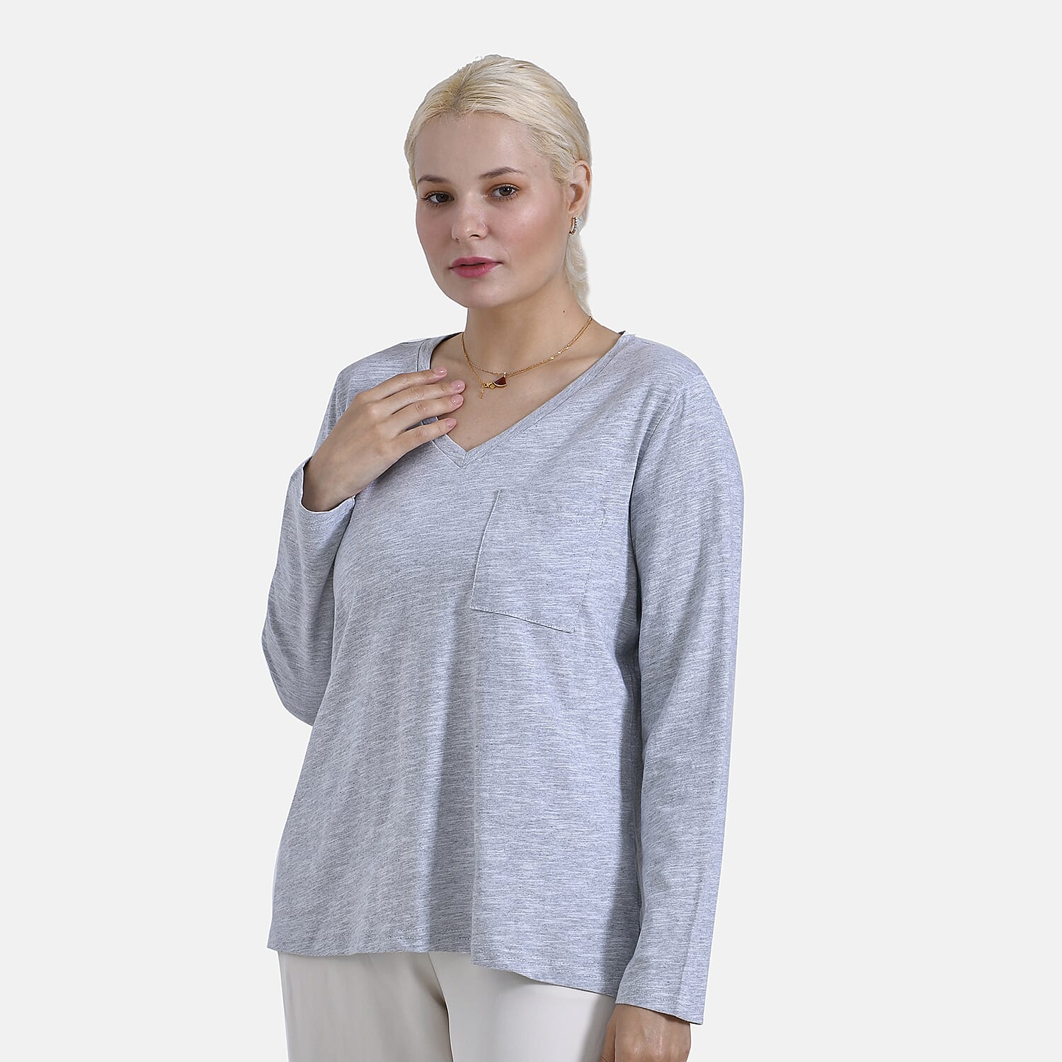 La Marey 100% Cotton V-Neck Long Sleeve Classic Top (Size 16 to 18) - Grey