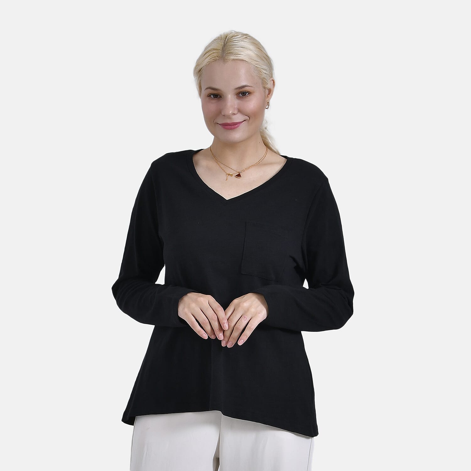 La Marey 100% Cotton V-Neck Long Sleeve Classic Top (Size 24 to 26) - Black