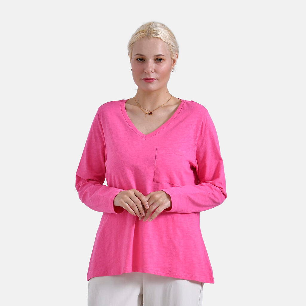 La Marey 100% Cotton V-Neck Long Sleeve Classic Top (Size 24 to 26) - Pink