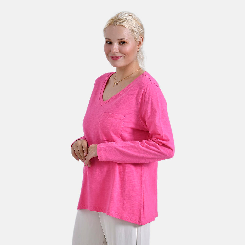 La Marey 100% Cotton V-Neck Long Sleeve Classic Top (Size 24 to 26) - Pink