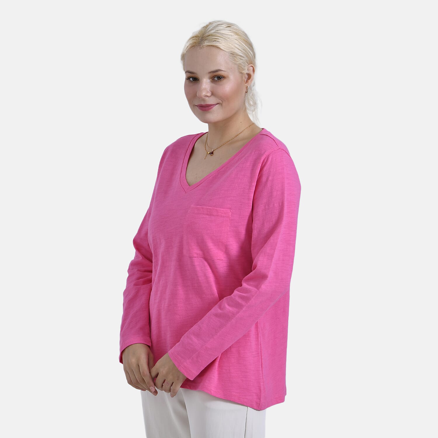 La Marey 100% Cotton V-Neck Long Sleeve Classic Top (Size 24 to 26) - Pink