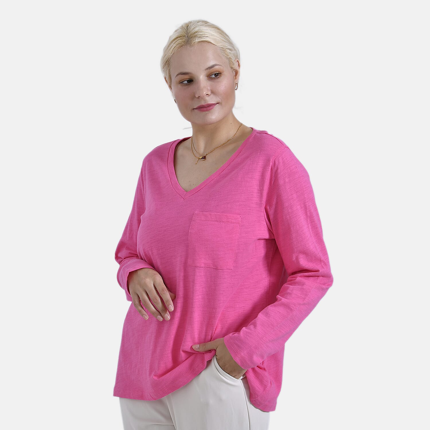 La Marey 100% Cotton V-Neck Long Sleeve Classic Top (Size 24 to 26) - Pink