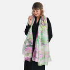 La Marey 100% Mulberry Silk Printed Scarf (Size 110x198cm) - Pink & Green
