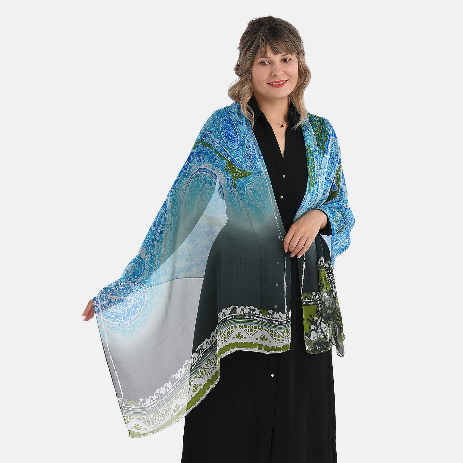 La Marey Abstract Print Mulberry Silk Scarf (Size- 175x65cm) - Blue, Black & Green