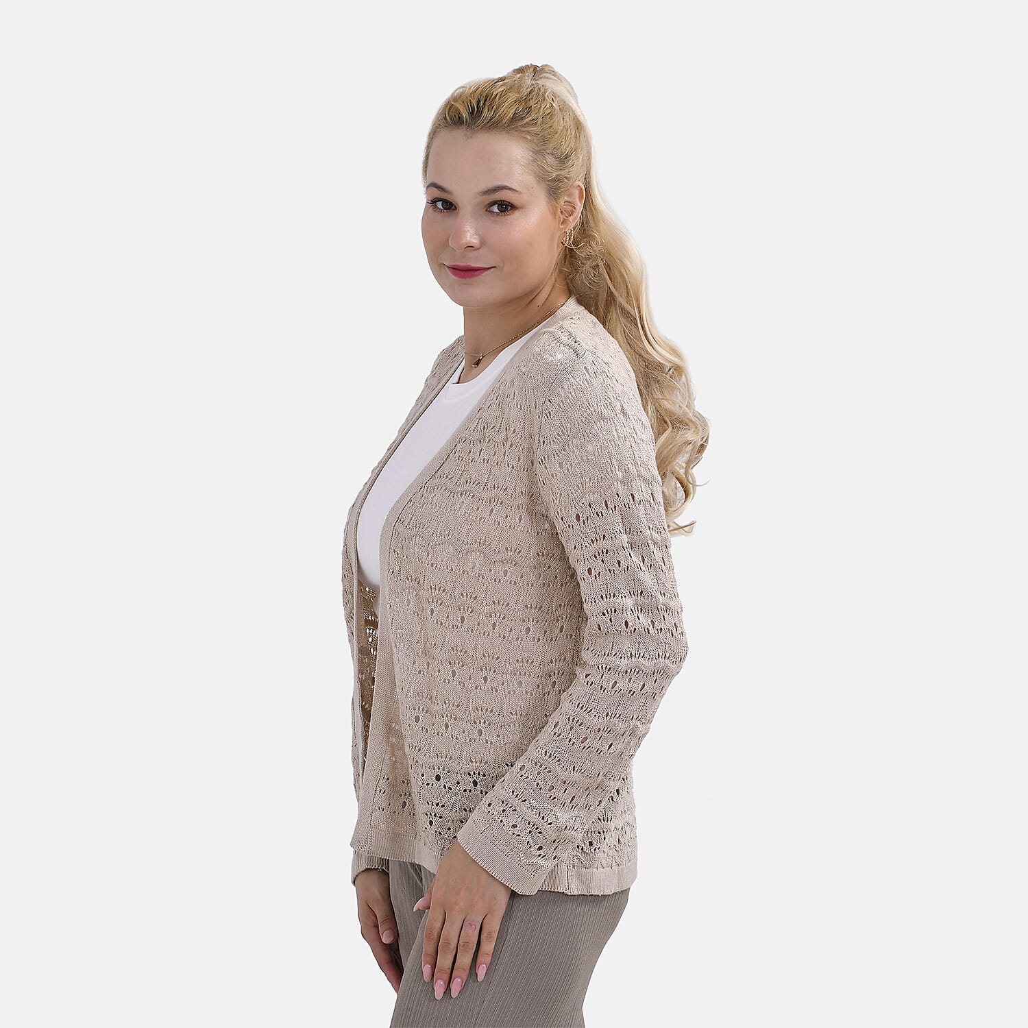 La Marey Lace Hollow Out Knit Cardigan (Size L) - Beige