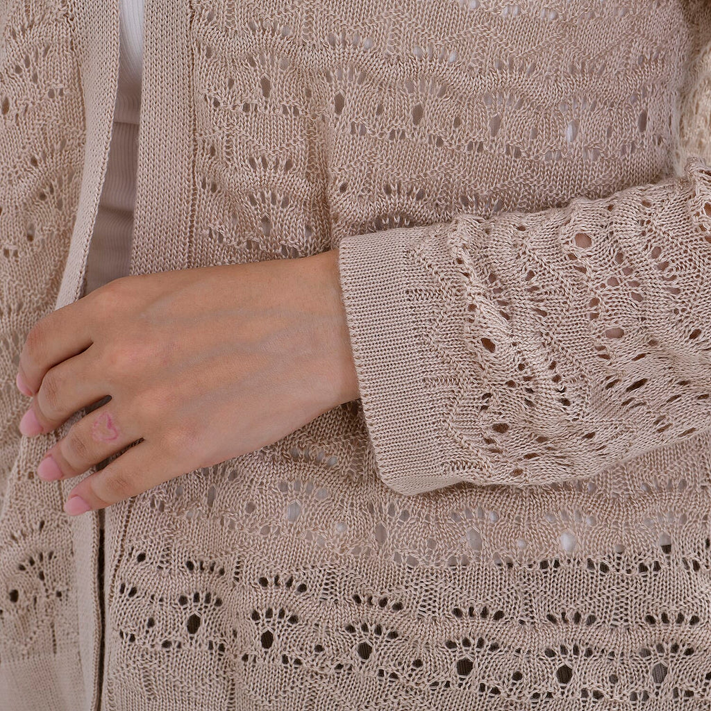 La Marey Lace Hollow Out Knit Cardigan (Size L) - Beige
