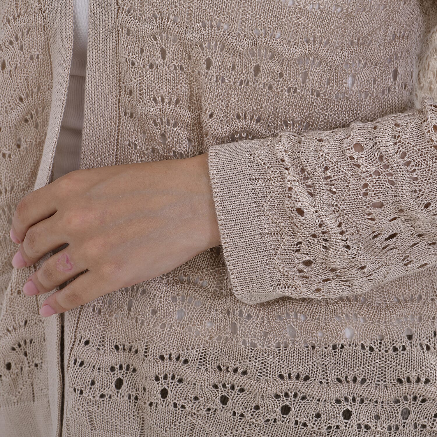 La Marey Lace Hollow Out Knit Cardigan (Size L) - Beige