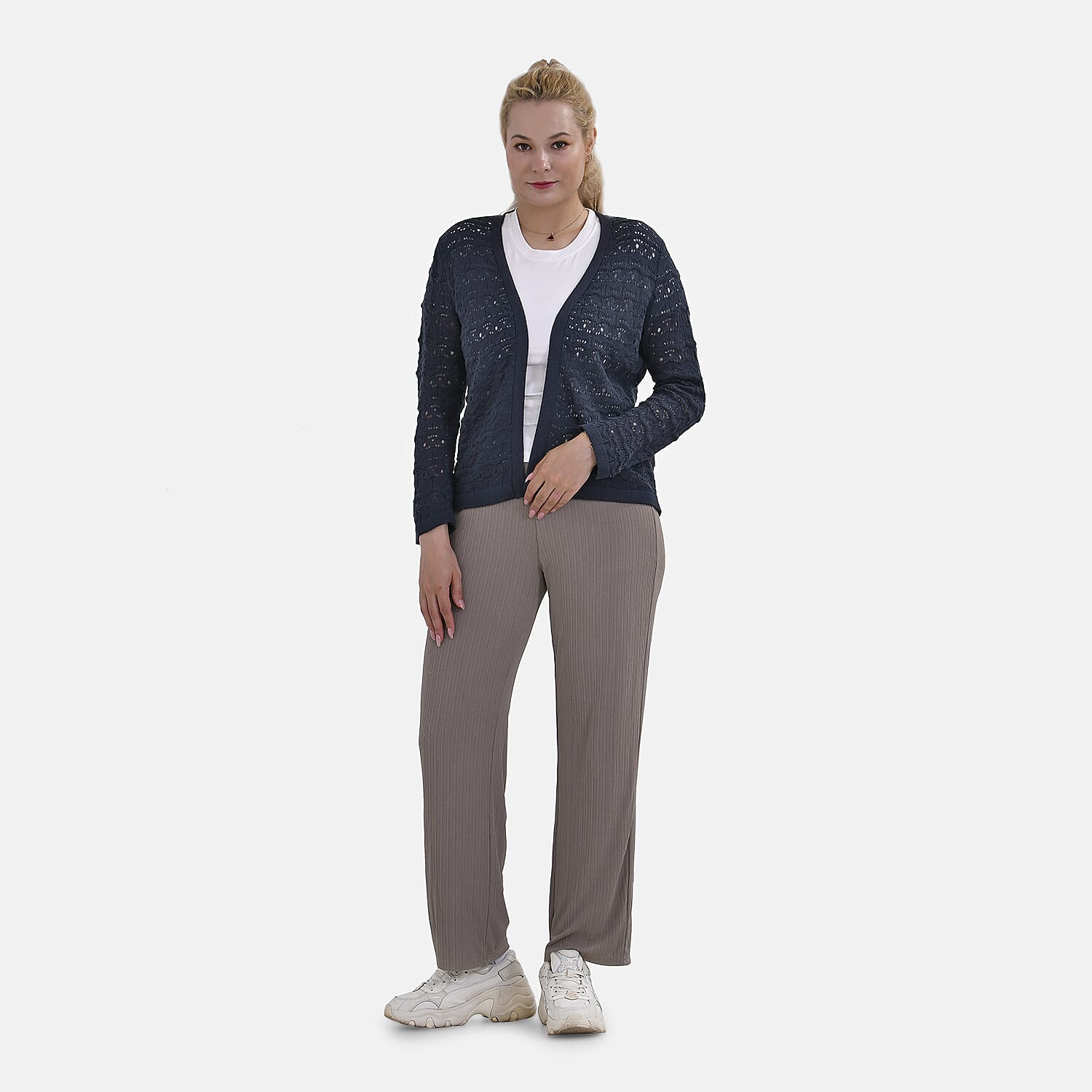 La Marey Lace Hollow Out Knit Cardigan (Size XL) - Blue