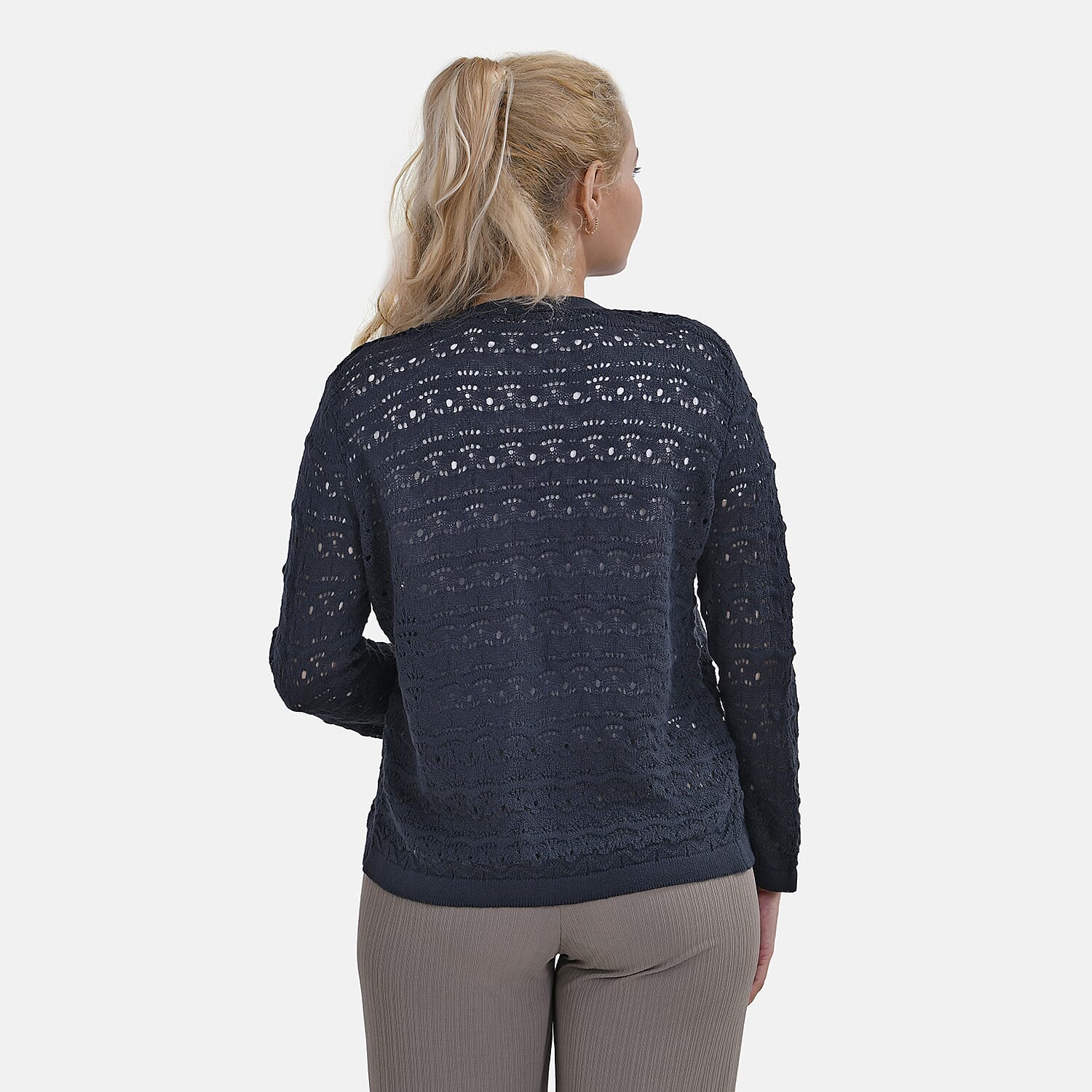 La Marey Lace Hollow Out Knit Cardigan (Size XL) - Blue