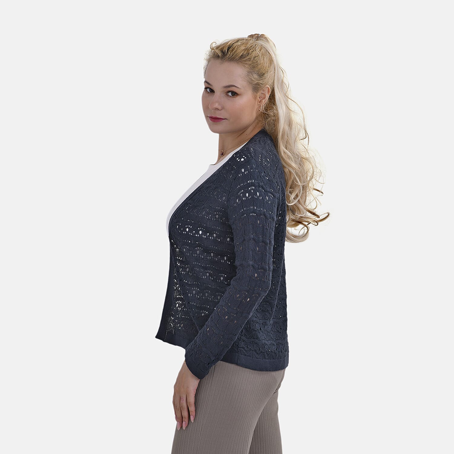 La Marey Lace Hollow Out Knit Cardigan (Size XL) - Blue