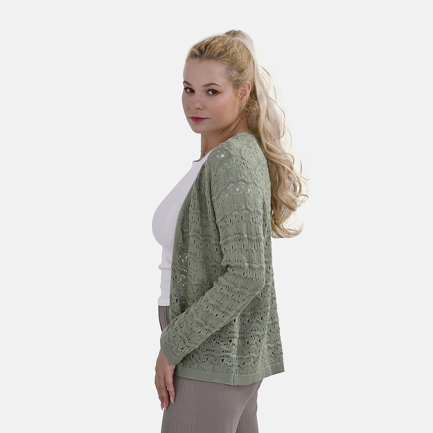 La Marey Acrylic Patterned Cardigan (Size 24 to 26) - Green