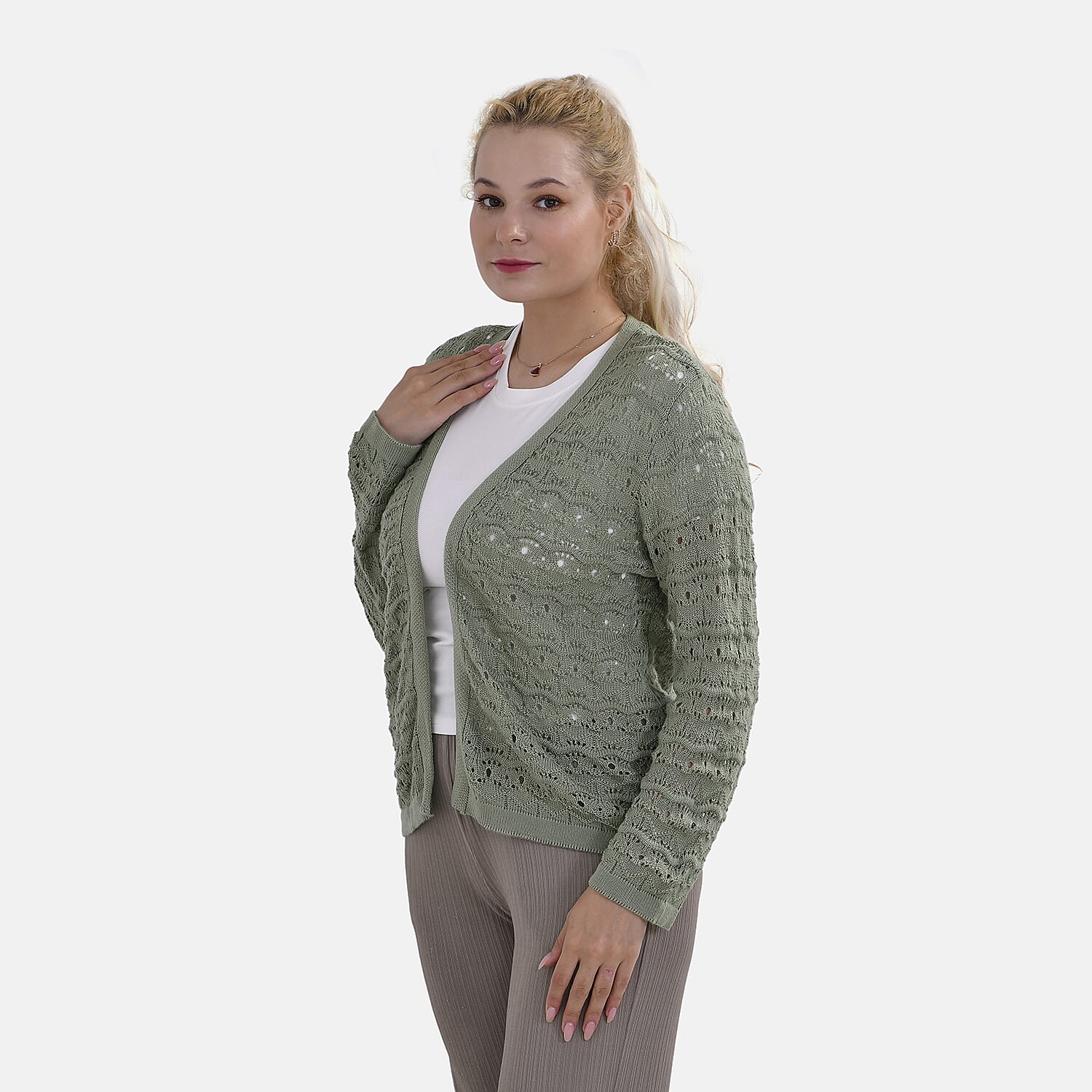 La Marey Acrylic Patterned Cardigan (Size 24 to 26) - Green