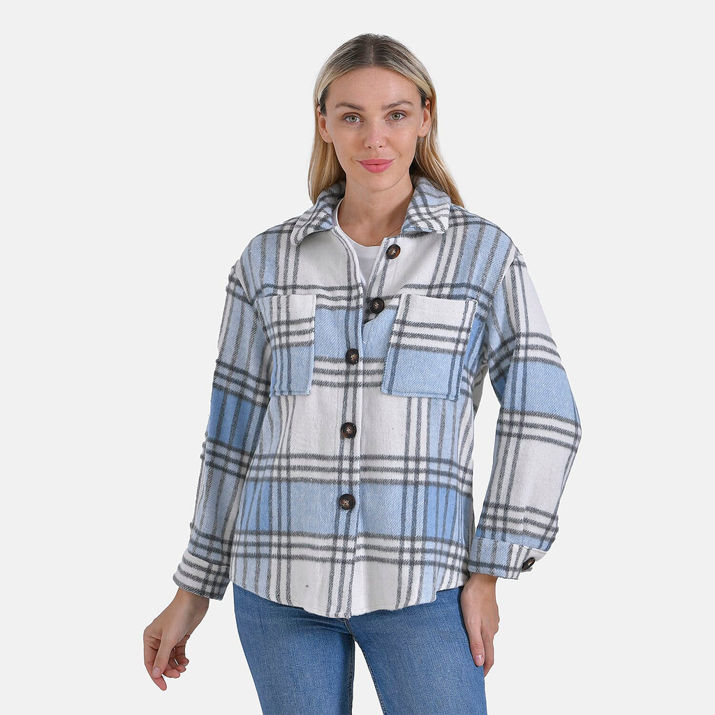 La Marey Brushed Checked Shirt-Coat - (Size 12-14) - Blue