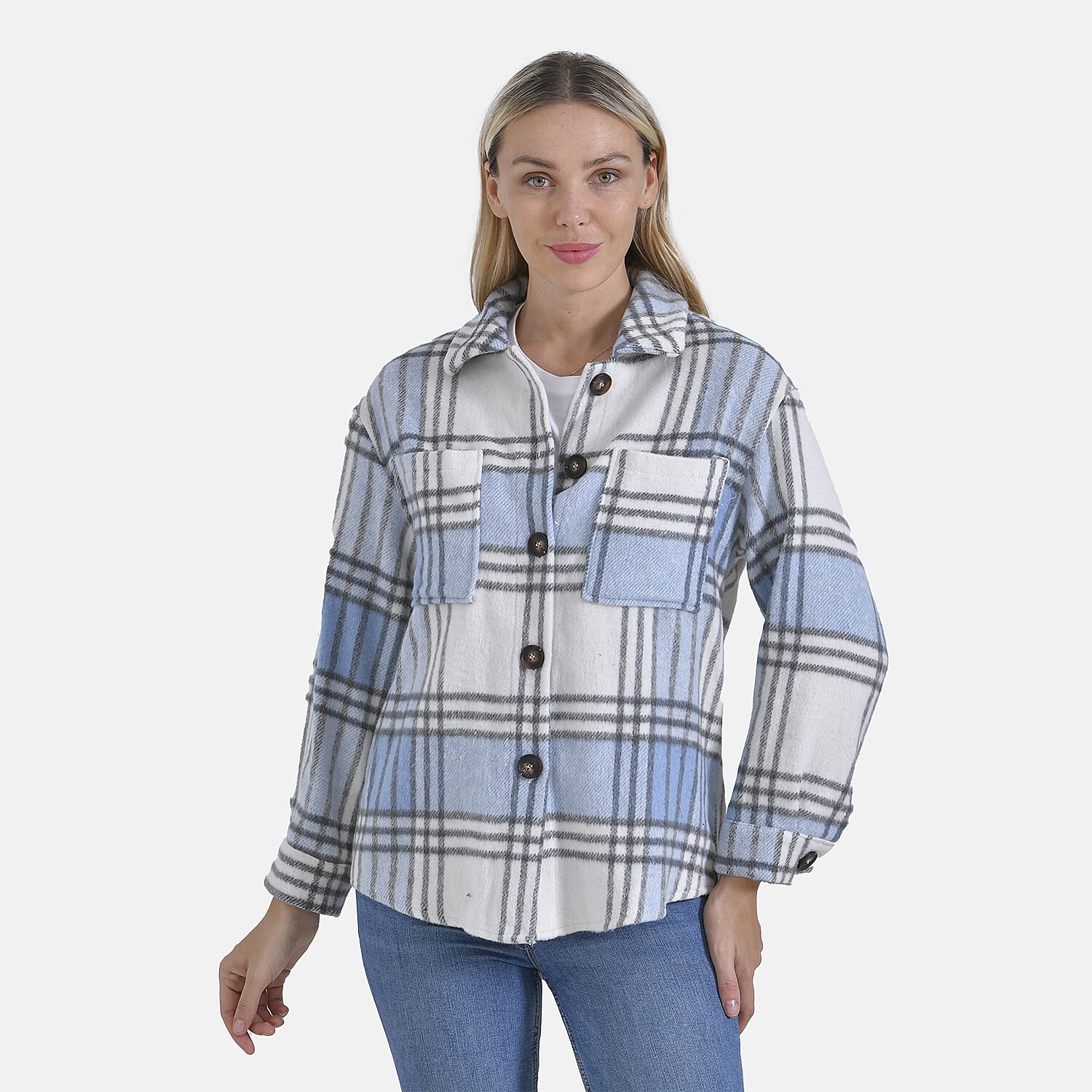 La Marey Brushed Checked Shirt-Coat - (Size 12-14) - Blue
