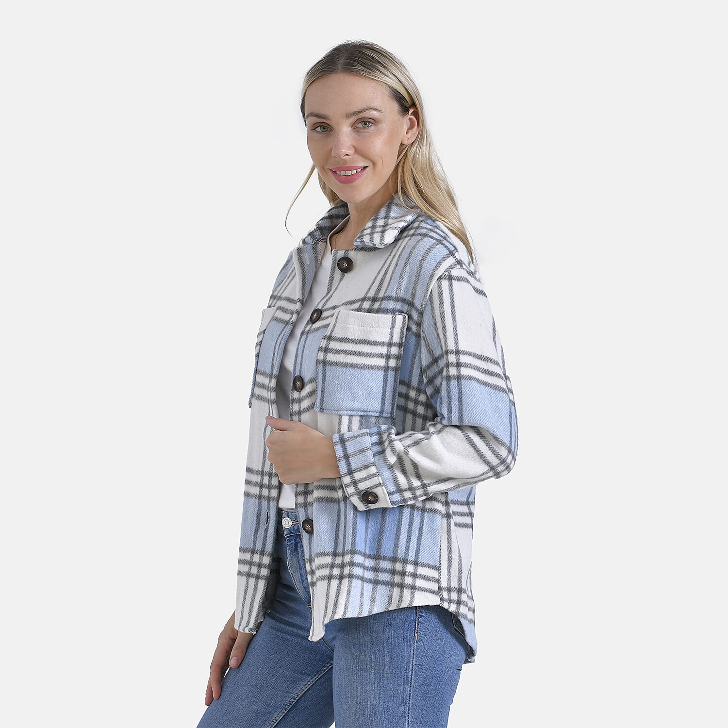 La Marey Brushed Checked Shirt-Coat - (Size 12-14) - Blue