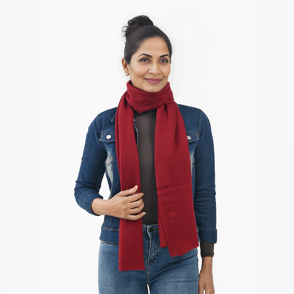 La Marey 100% Cashmere Wooven Solid Scarf with Gift Box (Size 190x70) - Burgundy