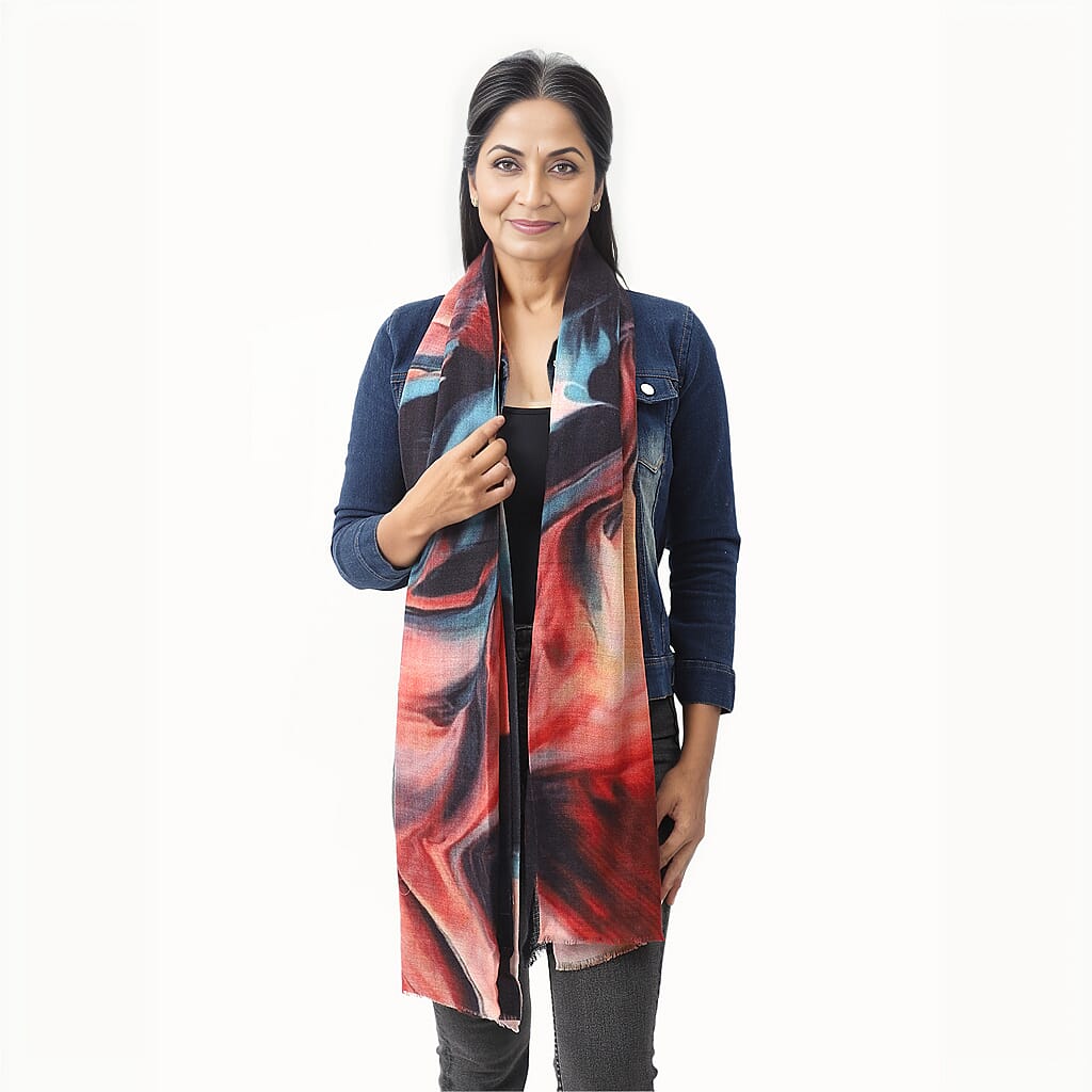 La Marey 100% Cashmere Printed Pashmina Woolen Scarf with Gift Box (Size 190x70cm) - Orange & Blue