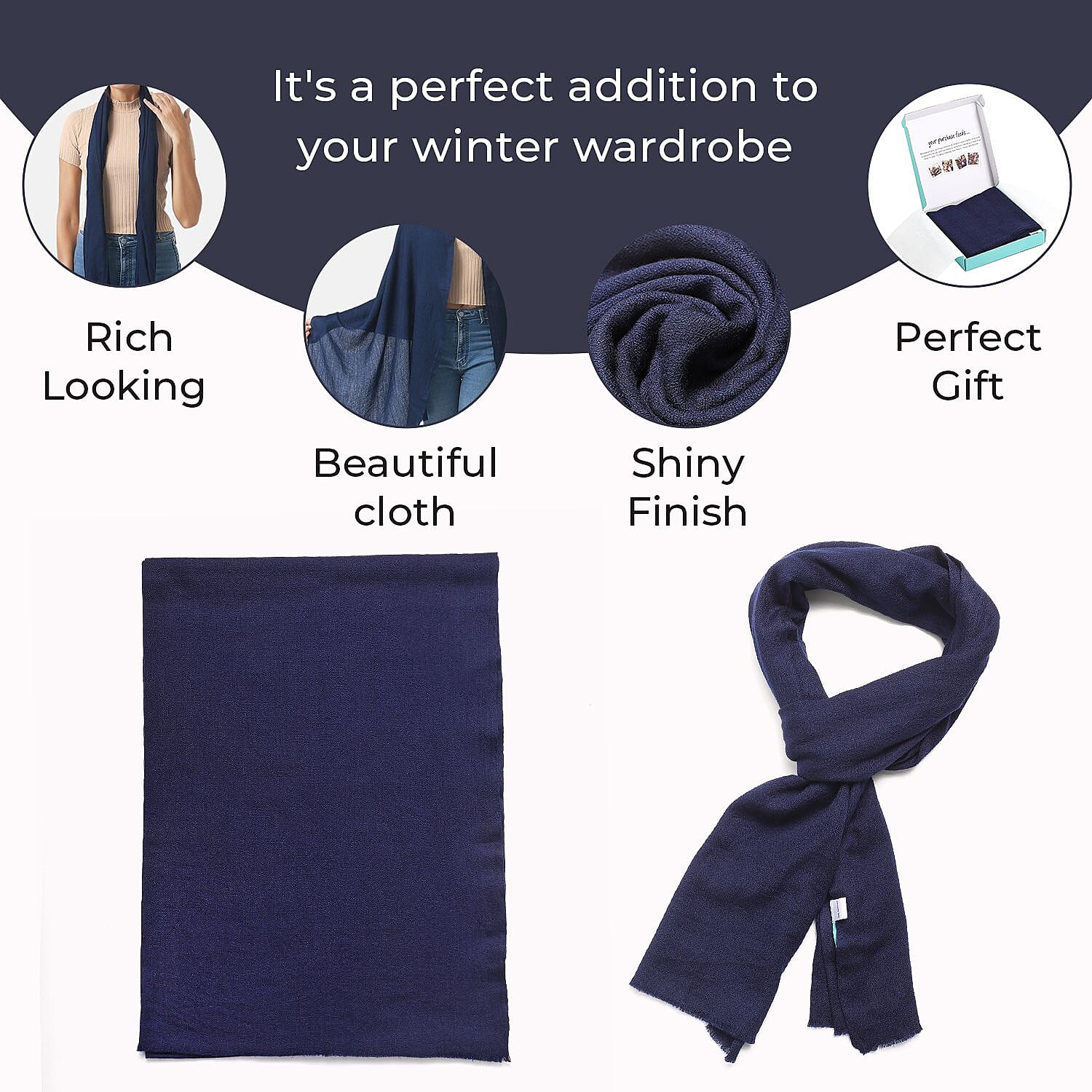Mothers Day Gift Idea- La Marey 100% Cashmere Solid Scarf (Size 198x71 cm) - Navy