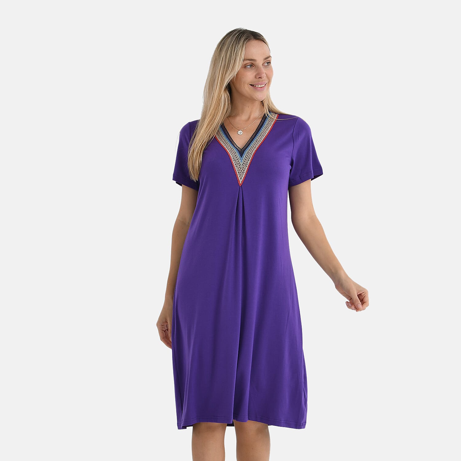 La Marey Casual Short Sleeve V-Neck Midi Dress with Embroidered Lace Trim (Size XXL) - Purple