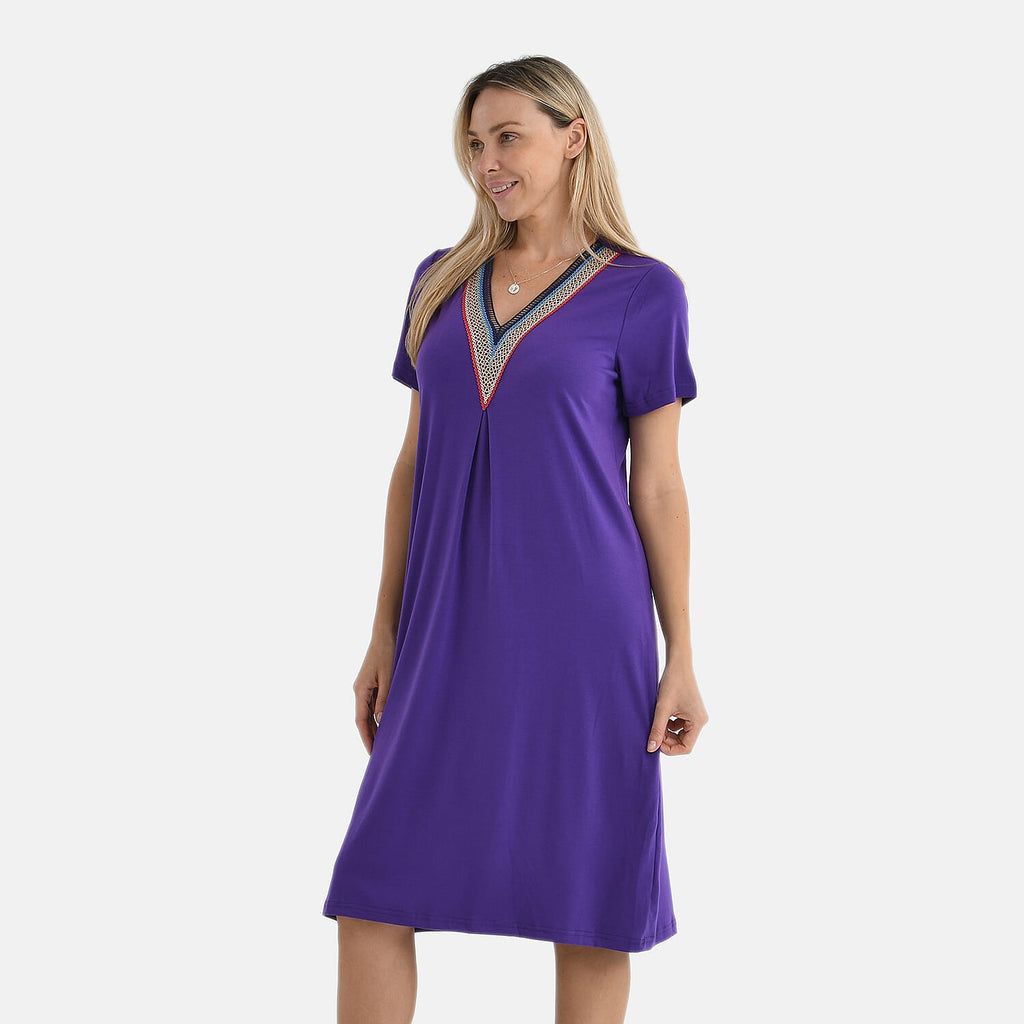 La Marey Casual Short Sleeve V-Neck Midi Dress with Embroidered Lace Trim (Size XXL) - Purple