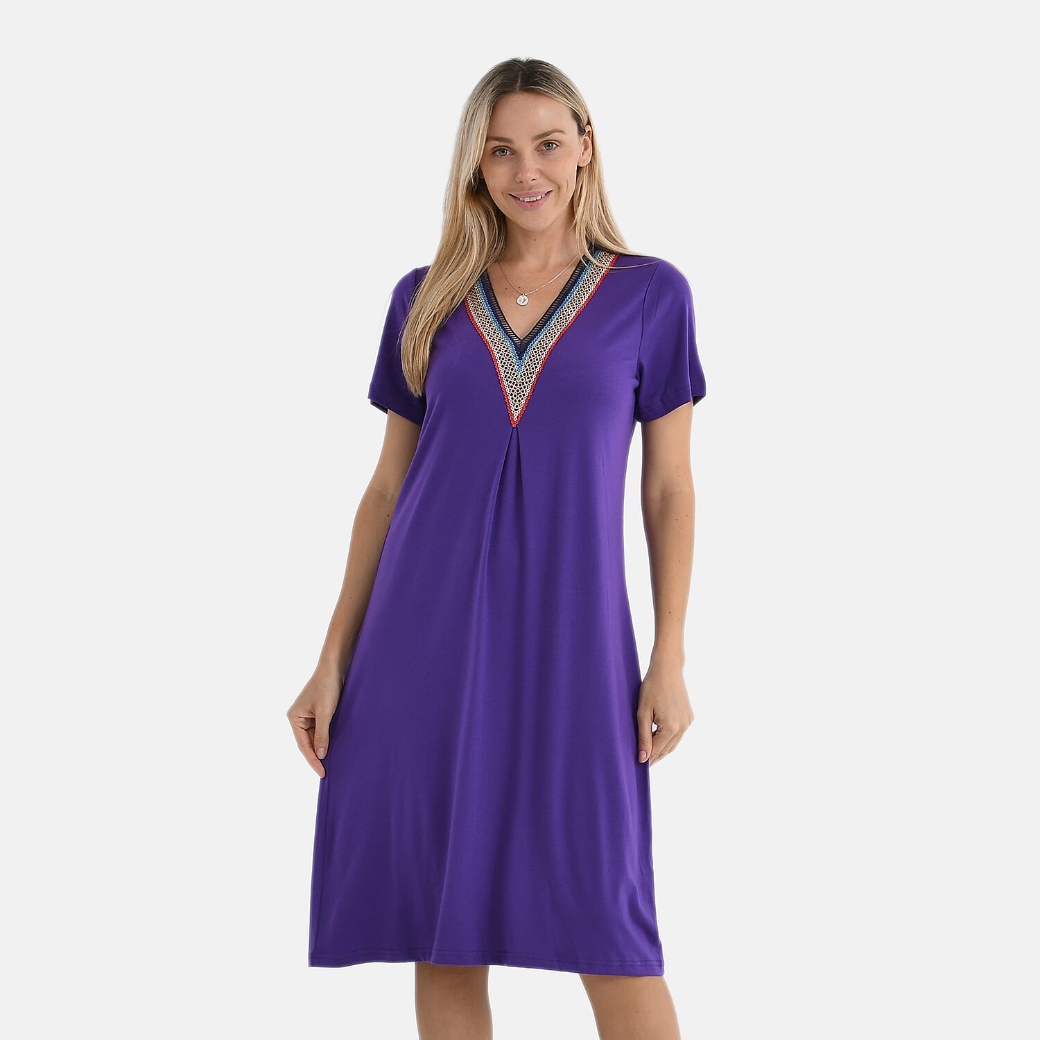 La Marey Casual Short Sleeve V-Neck Midi Dress with Embroidered Lace Trim (Size XXL) - Purple
