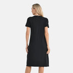 La Marey Casual Short Sleeve V-Neck Midi Dress with Embroidered Lace Trim (Size S) - Black