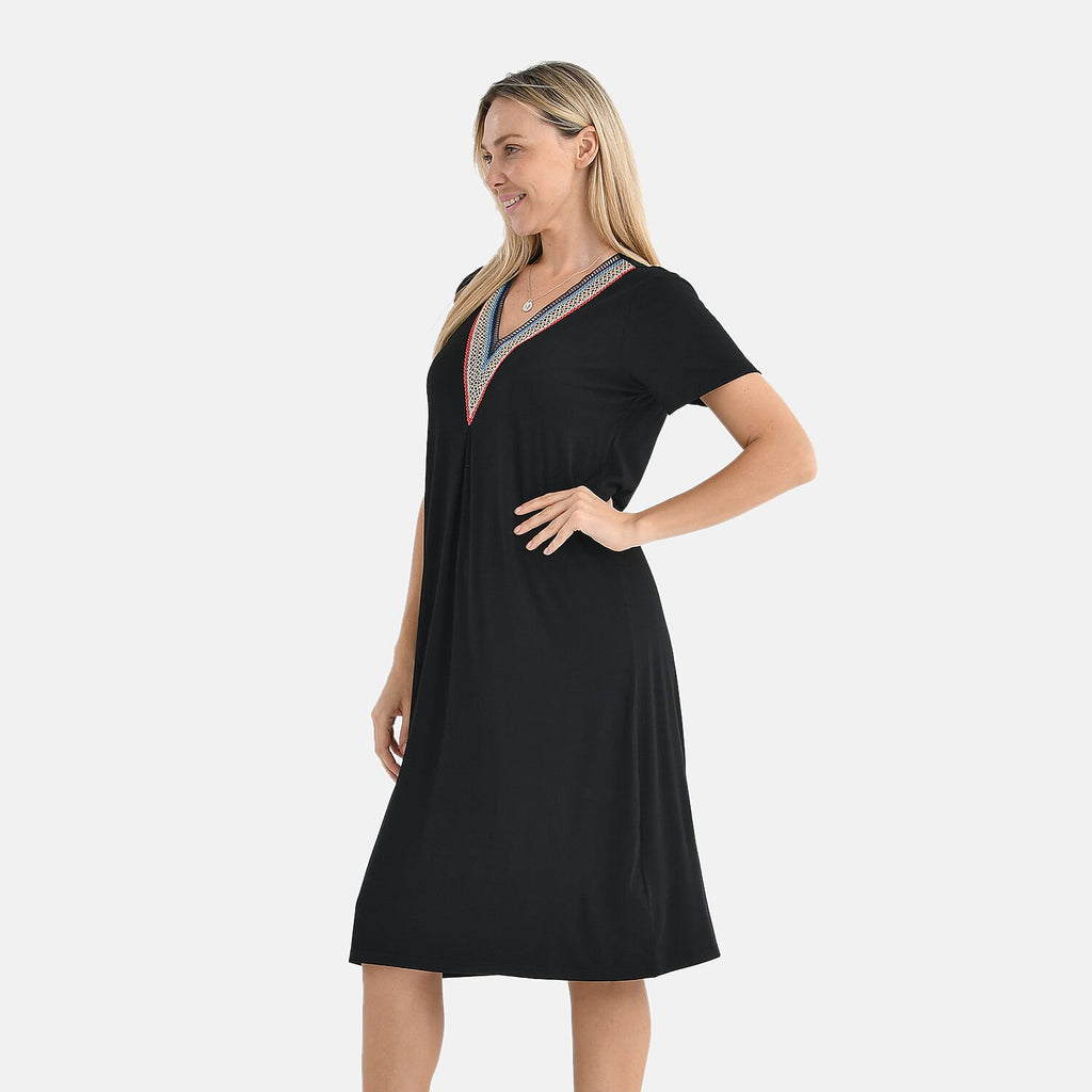 La Marey Casual Short Sleeve V-Neck Midi Dress with Embroidered Lace Trim (Size S) - Black