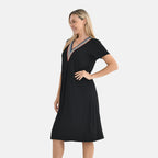La Marey Casual Short Sleeve V-Neck Midi Dress with Embroidered Lace Trim (Size S) - Black