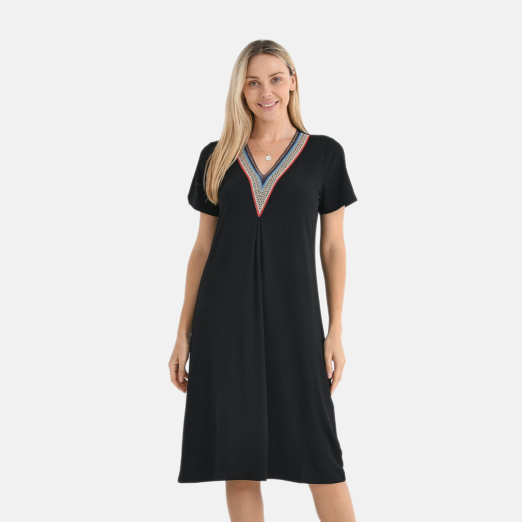 La Marey Casual Short Sleeve V-Neck Midi Dress with Embroidered Lace Trim (Size XXL) - Black