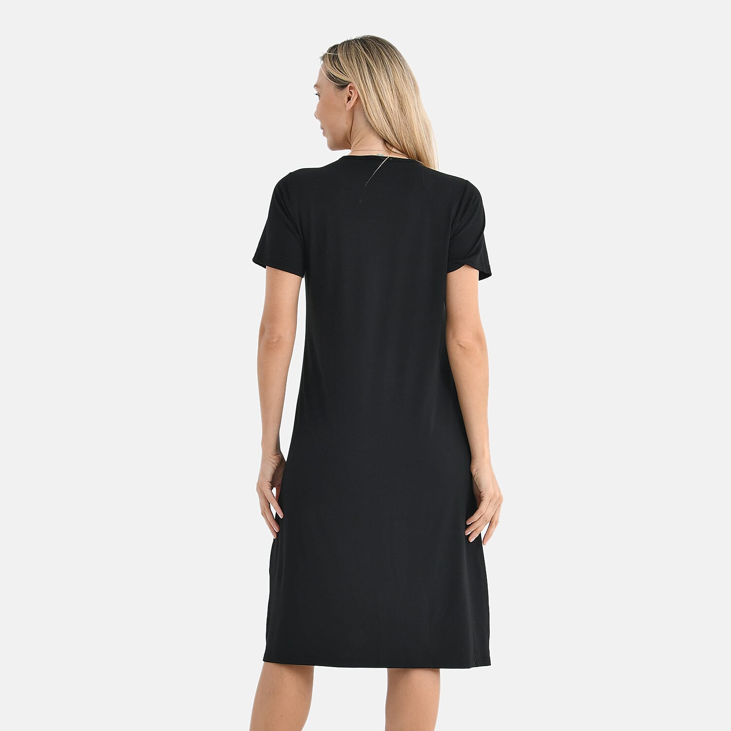 La Marey Casual Short Sleeve V-Neck Midi Dress with Embroidered Lace Trim (Size XXL) - Black