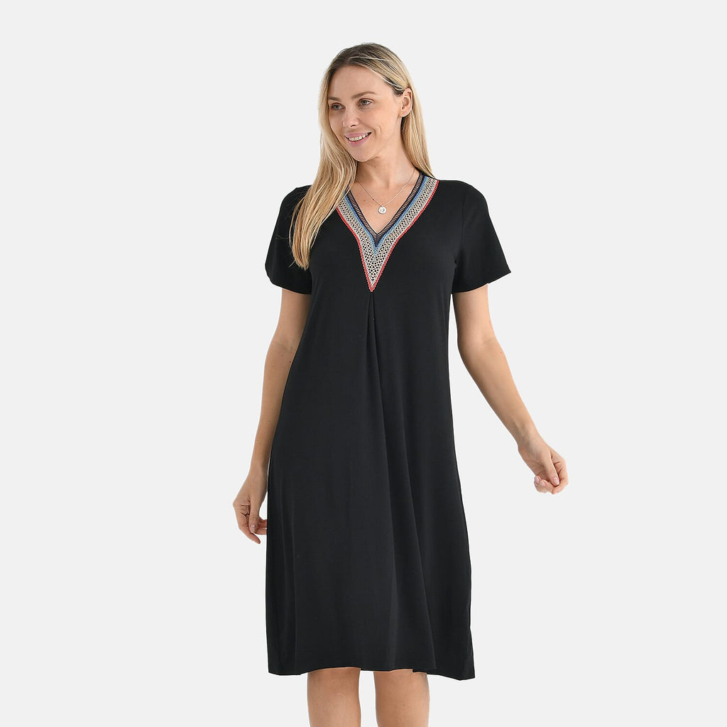 La Marey Casual Short Sleeve V-Neck Midi Dress with Embroidered Lace Trim (Size XXL) - Black