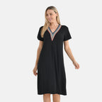 La Marey Casual Short Sleeve V-Neck Midi Dress with Embroidered Lace Trim (Size XXL) - Black