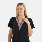 La Marey Casual Short Sleeve V-Neck Midi Dress with Embroidered Lace Trim (Size XXL) - Black