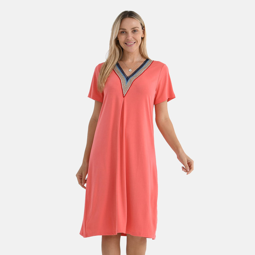 La Marey Casual Short Sleeve V-Neck Midi Dress with Embroidered Lace Trim (Size S) - Orange